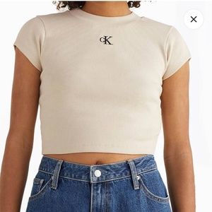 Calvin Klein Jeans Women's Ck Rib Cropped Slim T-Shirt - Eggshell